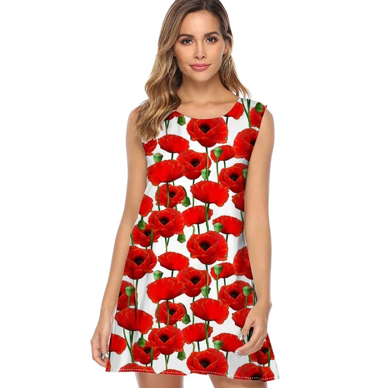 Poppy pattern red flowers Summer Dress Women Print Chiffon Dress Sleeveless Style Short Dress Sundress Casual Shift Dresses - Цвет: QZ296