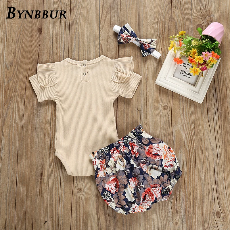 Bynbbur Solid Top And Floral Print Shorts Sets 2 Pieces Suits Girl Kids Cute Princess Sets Cute Party Baby Girls 2019 Summer New
