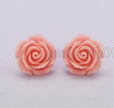 

lady's Women's Pretty 12mm Coral Pink Rose Flower 925 Silver Stud Earrings Natural stone bread Earing big earrings