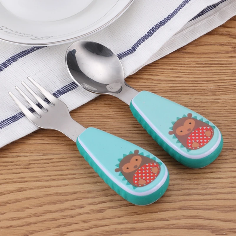 

1 Set Baby Tableware Spoon Fork Stainless Steel Cartoon Dinner Dish Feeding Food