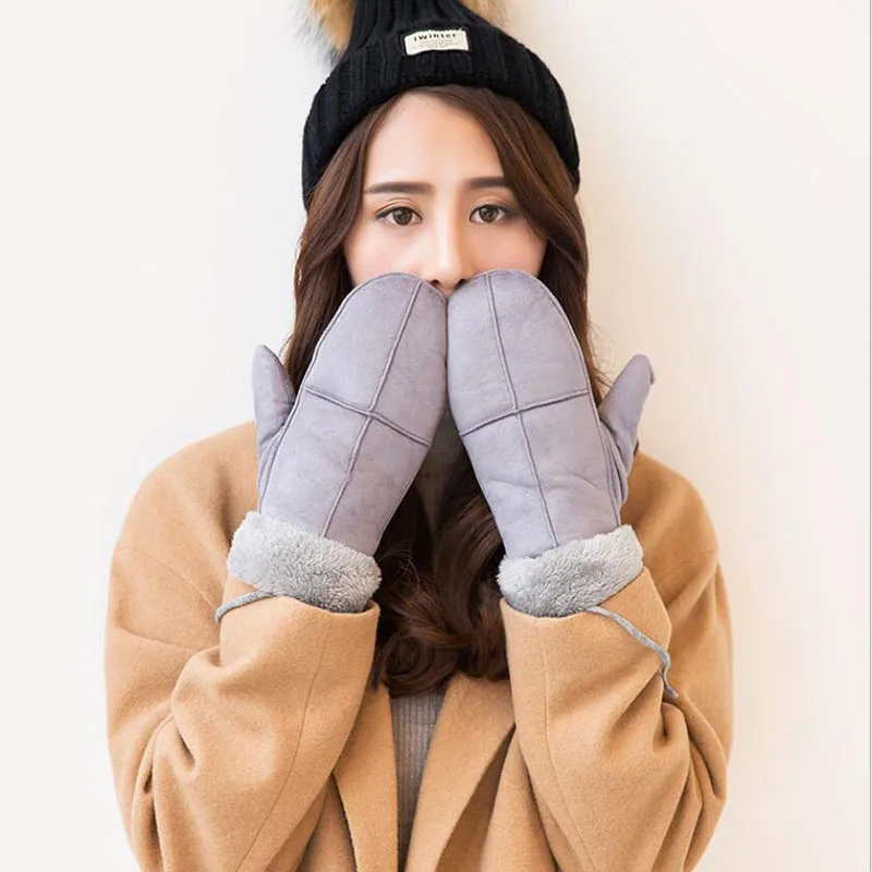 

BINGYUANHAOXUAN 2018 New Winter Thick Faux Wool Sheep Mittens Halter Wind Fashion Unisex Suede Leather Women Famale Gloves