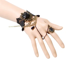 Lolita Gothic Black Slave Lace Flower Finger Bracelet Rose Charms Handmade Jewelry Bride Wedding Accessories For Women Gifts