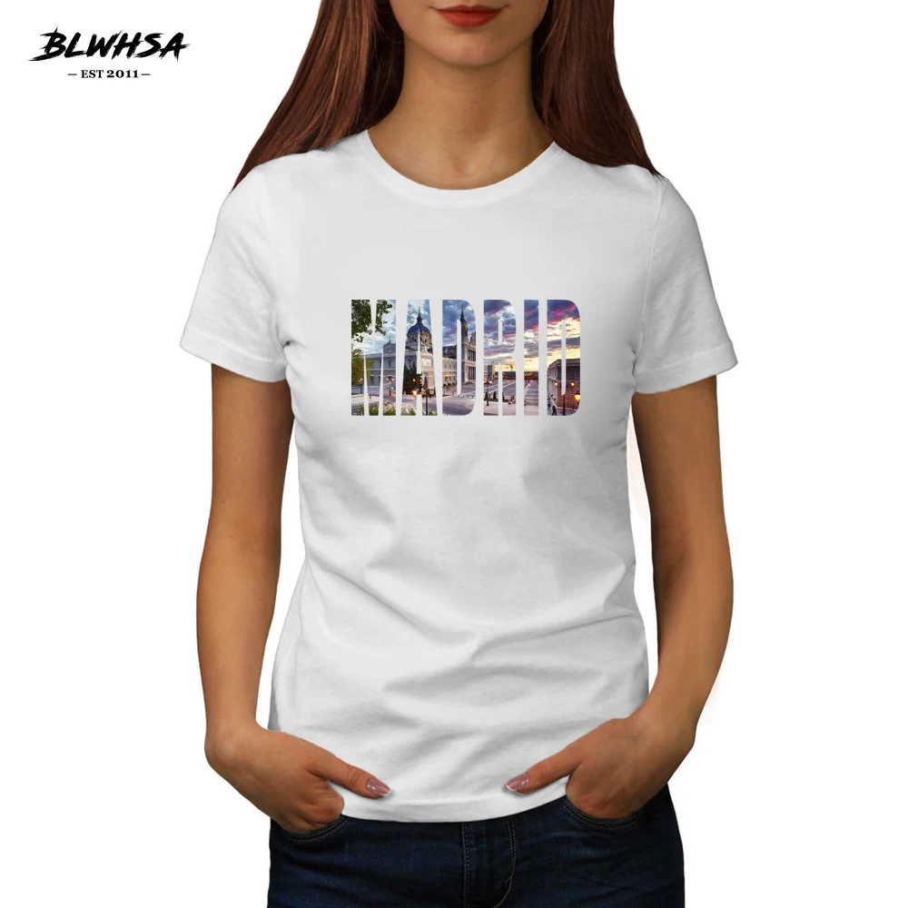 

BLWHSA New Madrid Print T Shirt Women Spanish City Of Madrid 100% Cotton tshirt Fashion Clothing Funny Women's T-shirt