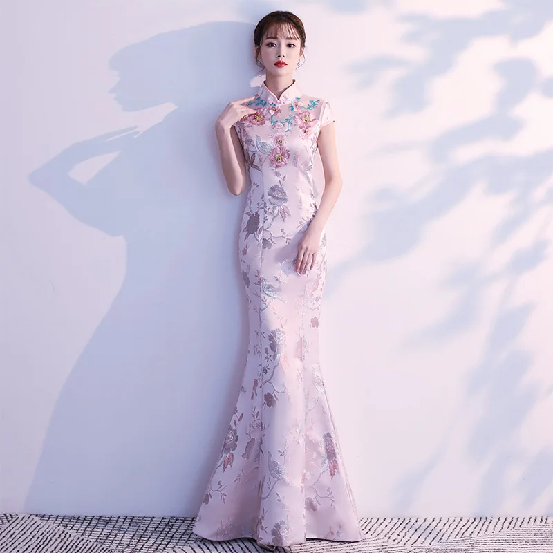 

Embroidery Chinese Traditional Oversize 3XL Vestidso Lady Cheongsam Sexy Wedding Party Dress Pink Satin Novelty Qipao S-201