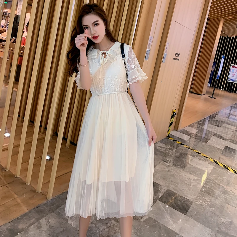 

2019 Summer New Arrival Elegant Dresses Lace Mesh Patchwork Dress Women's Short Sleeve Dress Lace Sweet Midi Dress With Bow