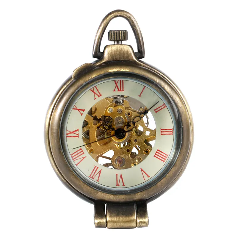 Fob Pocket Watch Mechanical Hand-wind Unique Clamshell Transparent Bronze Special Time Unisex Christmas Gift Relogio De Bolso | Наручные