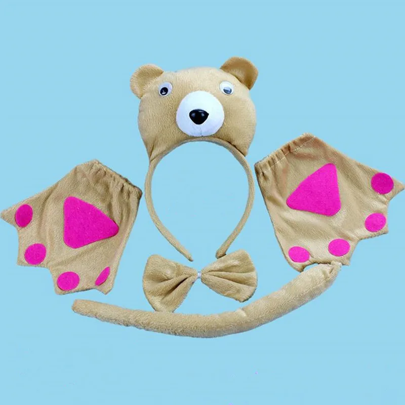 Новая детская футболка с животными 3D тапочки в виде медвежонка; цвет коричневый, бант на голову галстук хвост рукавицы-лапы Косплэй Комплект Одежда Реквизит любимая для вечеринки в честь Хэллоуина для свадьбы - Цвет: 3