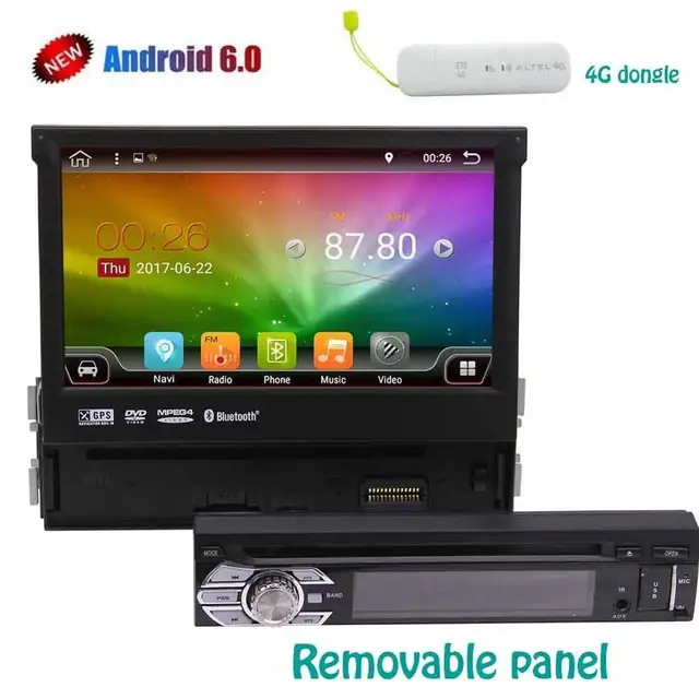 Cheap 4G dongle + 7'' Quad Core Android 6.0 single din 1 din car audio in dash GPS navigation DVD player support Bluetooth,wifi,3G/4G