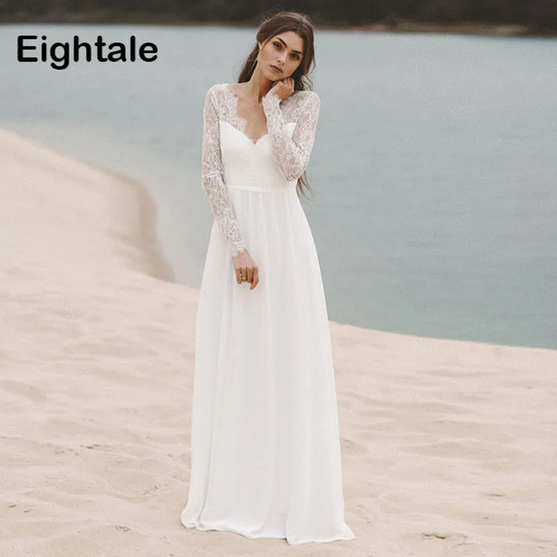 

Eightale Beach Wedding dresses 2019 With Long Sleeves V Neck A Line Lace bridal dresses Princess Chiffon Boho Wedding Gown