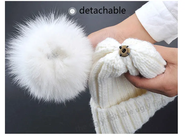Winter fur pompom hat for women fur hat pom pom hat fur pom poms beanie women bobble hat (11)