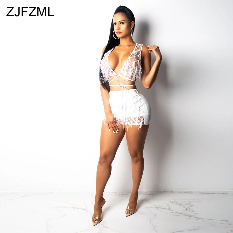 ZJFZML الديكور ريشة منقوشة الترتر مثير اثنين من قطعة مجموعة المرأة ديب V الرقبة أكمام المحاصيل أعلى و اللياقة البدنية قصيرة زائد حجم الزي