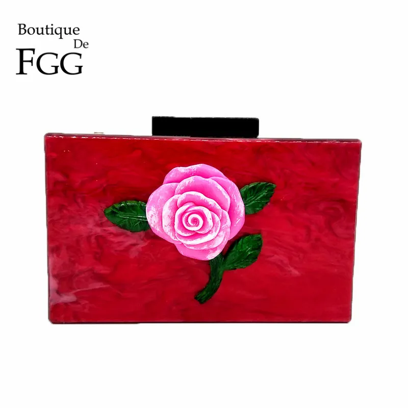 

Boutique De FGG 3D Flower Rose Appliques Women Fashion Hardcase Acrylic Evening Bag Box Clutch Purse Party Dinner Handbag
