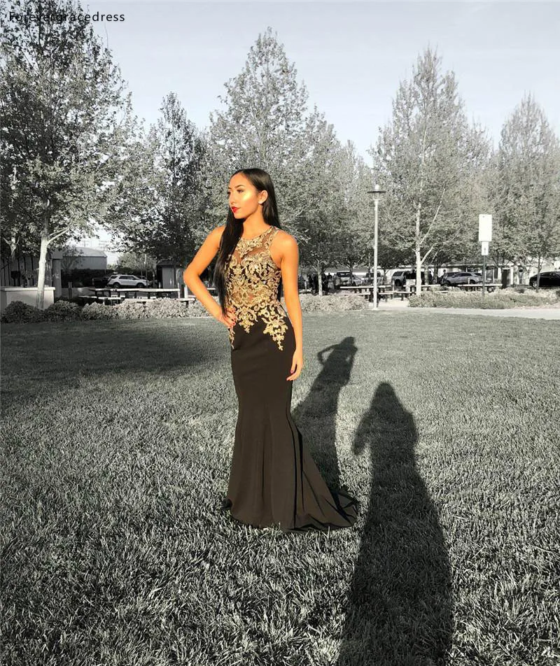 Gold Appliques Black Prom Dresses 2019 Sheer Illusion Mermaid Floor Length Evening Gowns Formal Vestidos de fiesta Cheap Custom Made  125 (1)
