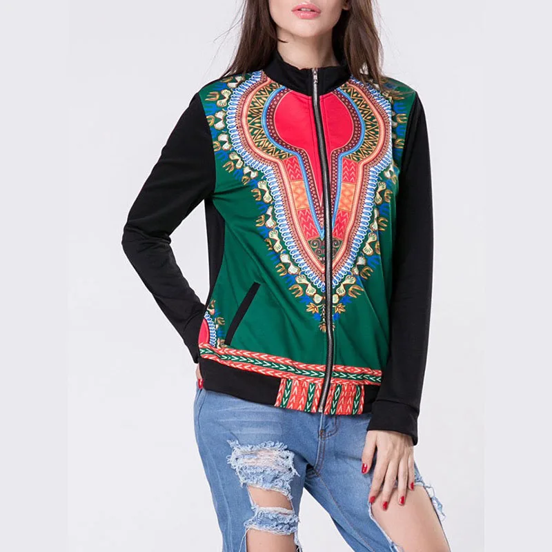 Spring African Dashiki Print Bomber Jacket Women Full Zip