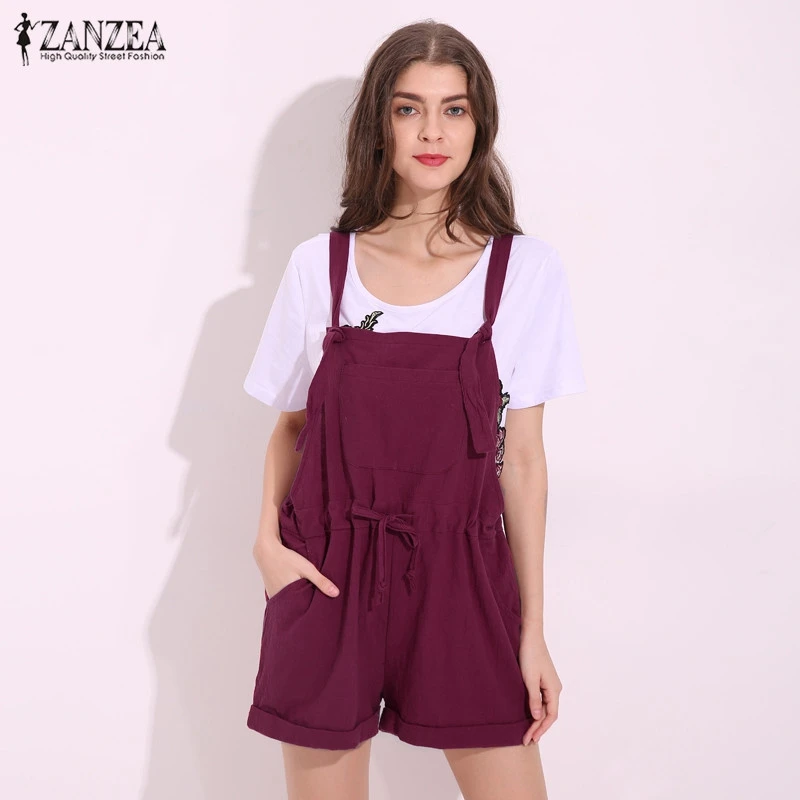 

ZANZEA 2019 New Summer Rompers Womens Jumpsuits Solid Strap Overalls Casual Pockets Loose Short Playsuits Plus Size S-5XL