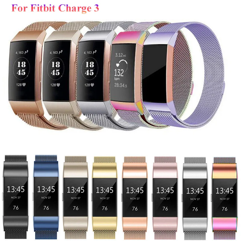 

Milanese Magnetic Loop Band Strap For fitbit charge 3 band metal Stainless Steel Replacement Smart band Bracelet A25