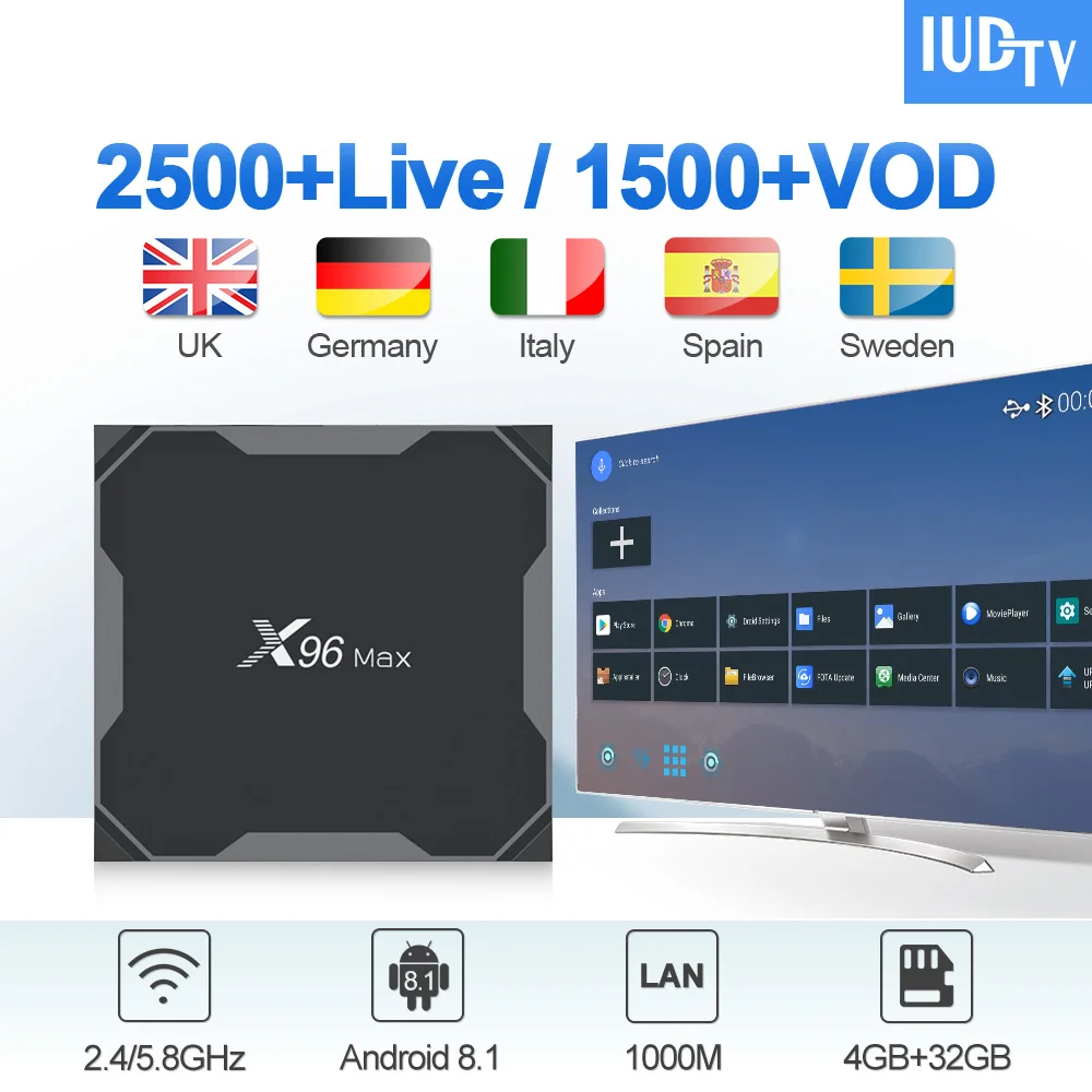 

Iptv Italy Android 8.1 X96 MAX Tv Box 4GB 32GB USB3.0 S905X2 With IUDTV UK Arabic German Spain Sweden Greece Iptv Subscription