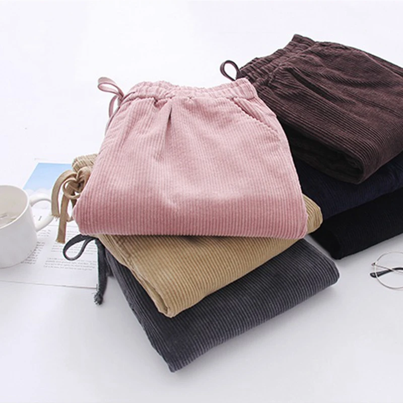 

Mferlier Corduroy Pants 2018 Winter New Women Bow Elastic Waist Solid Pink Mori Girl Loose Stylish Vintage Casual Harem Pants