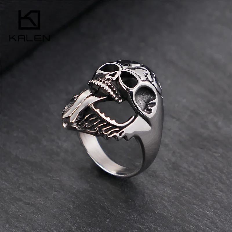 

Stainless Steel Big Skull Rings For Men Size 8-12 Punk Long Mouth Skull Charm Finger Rings Male Biker Jewelry