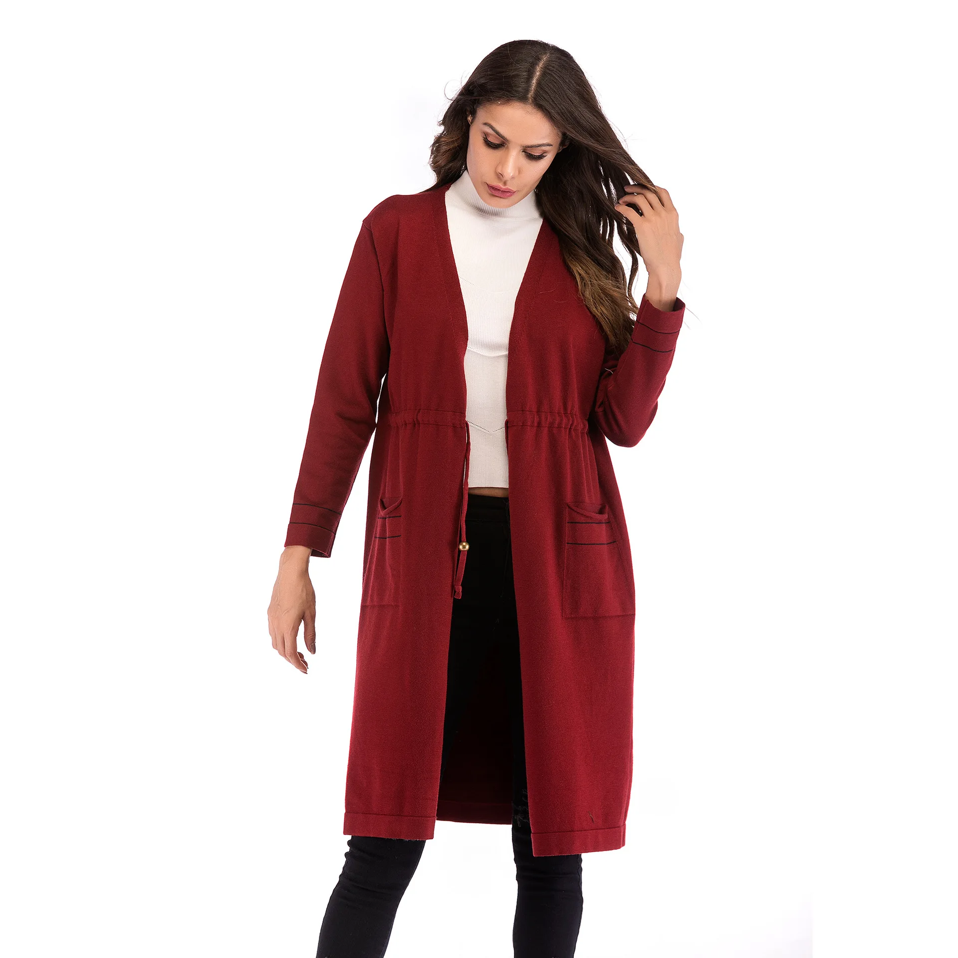 Womens Winter Open Front Split Stripe Belt Lace Up Pocket Knitting Sweater Long Cardigan Lady Autumn Cape Wrap Scarf Casual Coat |