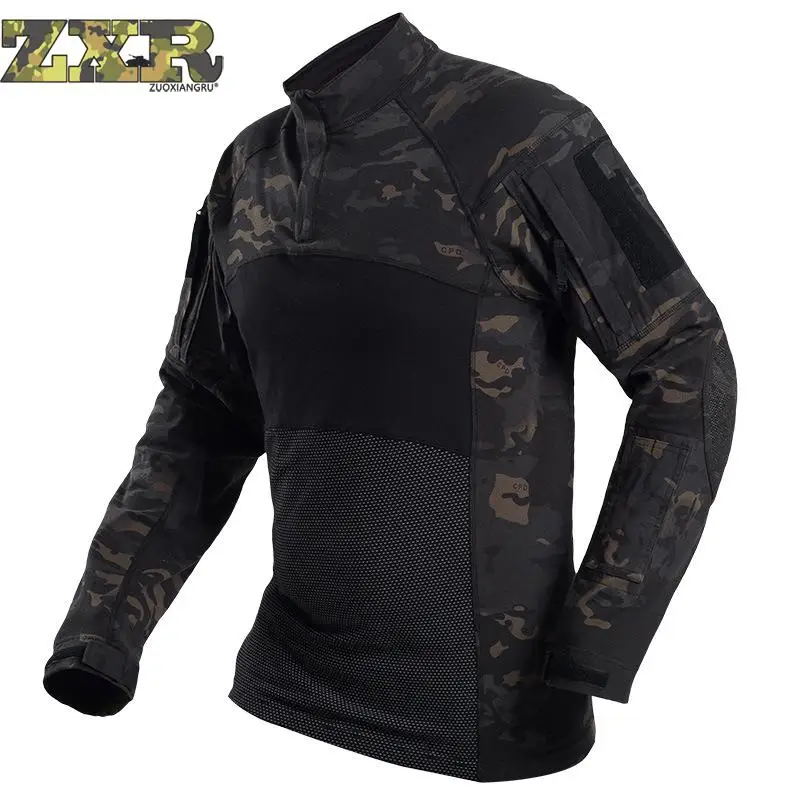 

Zuoxiangru New Camouflage Army T-shirt Men Tactical T Shirt Military Force Camo High Elasticity Combat Long Sleeve T-shirts