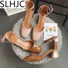 SLHJC 2017 Flach Mund Vintage Platz Toe Pumps Frauen Medium High Heel Ledersandalen Sommer Pumpe Schuhe 5 CM Ferse