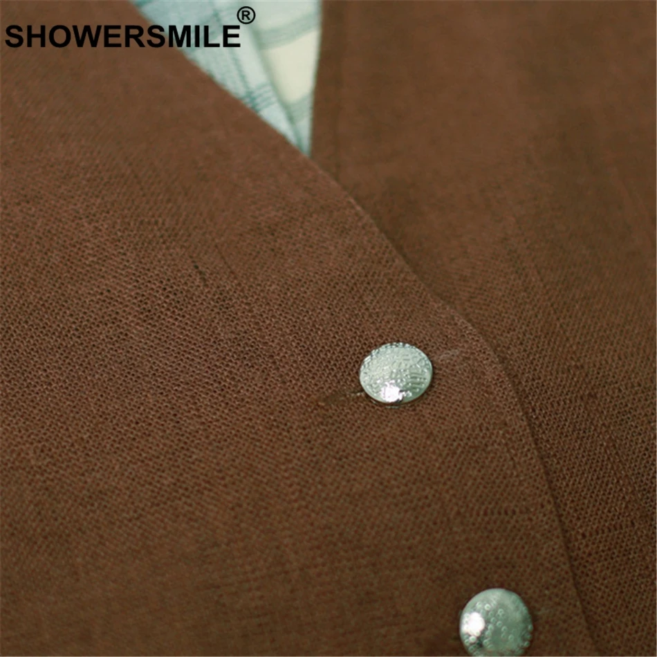 SHOWERSMILE Vintage Linen Waistcoat Women Brown Vest Short Jackets Female Summer Autumn Slim Fit England Style Sleeveless Gilet