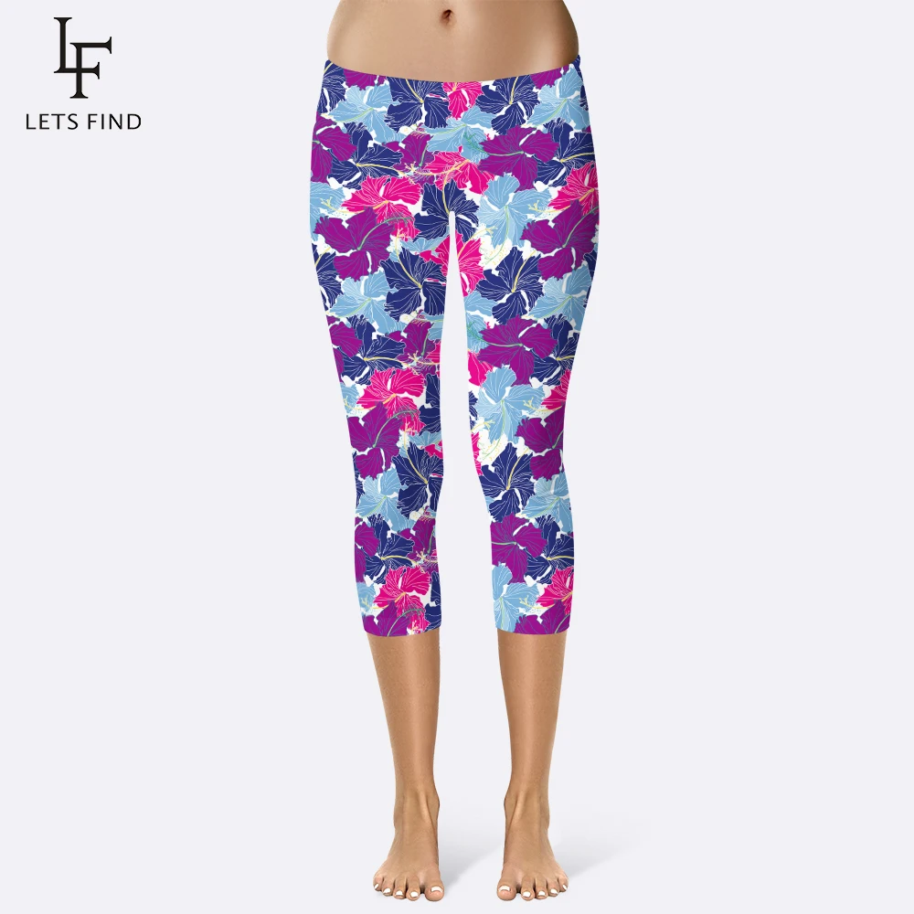 

New Design Women Capri Leggings Lotus Leaf Printing Sexy Mid-Calf 3/4 Trousers Movement Leggins High Quality Capri Pants