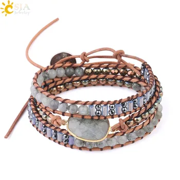 

CSJA Spectrolite Labradorite Men Bracelets 6mm Gem Stone Beaded Genuine Leather Handmade Wrap Multilayer Bangle Hematite F612