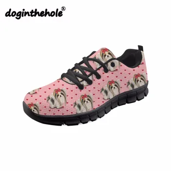

doginthehole Cute Yorkie Printing Flat Shoes for Women Round Toe Sneakers Teenager Girls Comfortable Mesh Shoes Autumn Flats