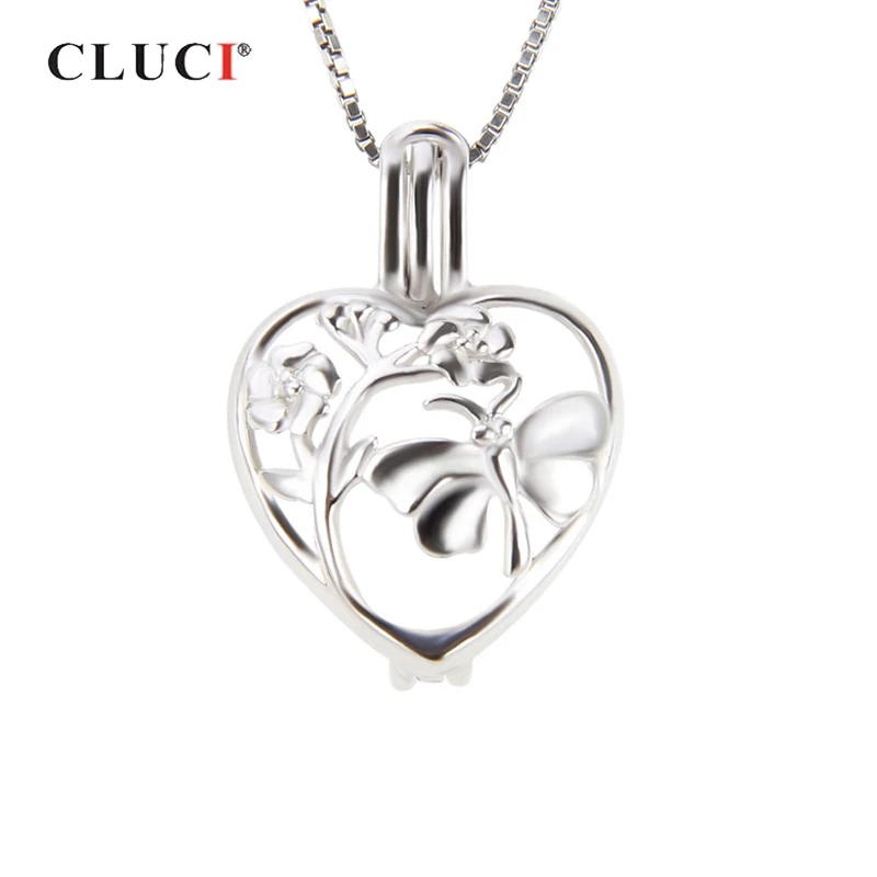 

CLUCI Silver 925 Butterfly Shaped Women Pendant Solid 925 Sterling Silver Cage Pendant Women Love Heart Wish Pearl Locket