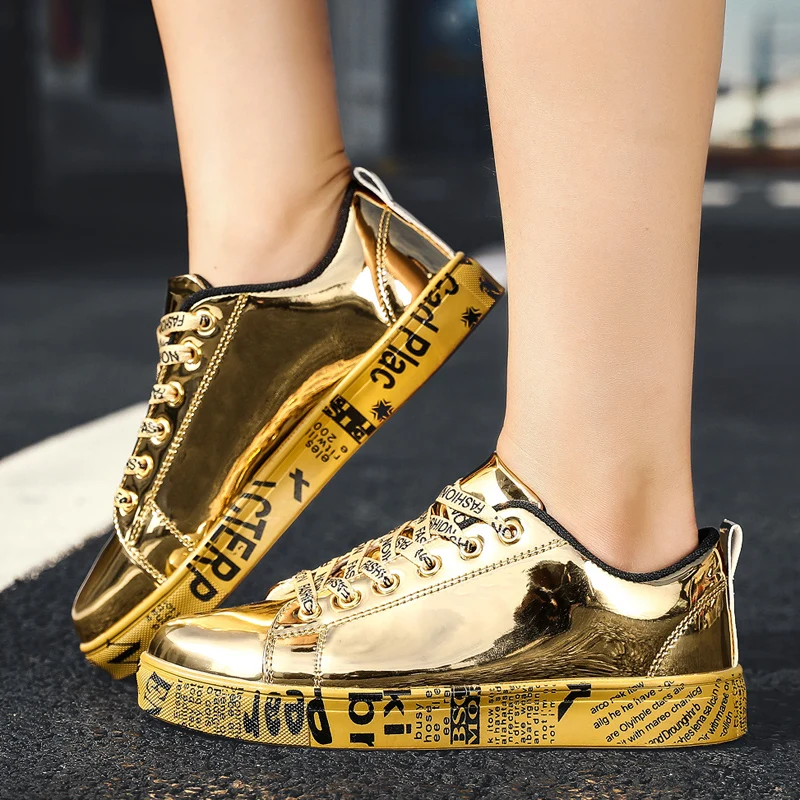 

2019 Men Women Casual Shoes Fashion Sequins Leather Comfortable Unisex Sneakers Outdoor Falt Shoes Gold Silver Large Size 36-46