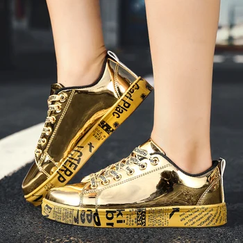 

2019 Men Women Casual Shoes Fashion Sequins Leather Comfortable Unisex Sneakers Outdoor Falt Shoes Gold Silver Large Size 36-46