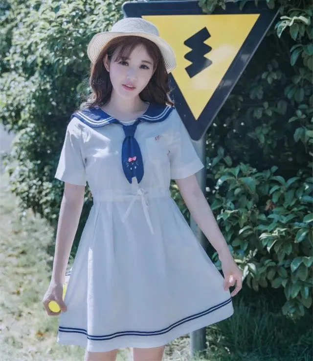 

2019 New Autumn Navy Style Dress Ladies Sailor Collar Cat Embroidery Cute Tie White Dresses Vestidos Mori Girl Lovely Clothing