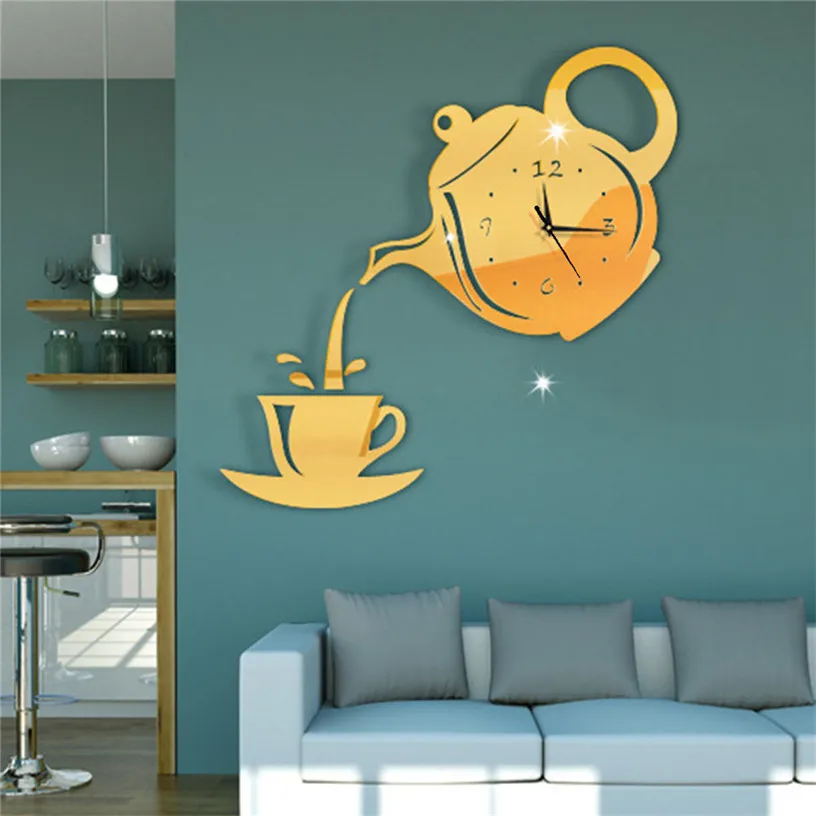 

3D Kettle Teacup Mirror Acrylic Clock for Living Room Home Decorative Mirror Wall Clock Modern Design Wall Sticker Clocks ju18