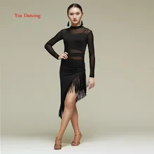 Сексуальные прозрачные блузки для девочек, с бахромой, для латинских соревнований, платье для женщин, с длинным рукавом, черная одежда для сальсы