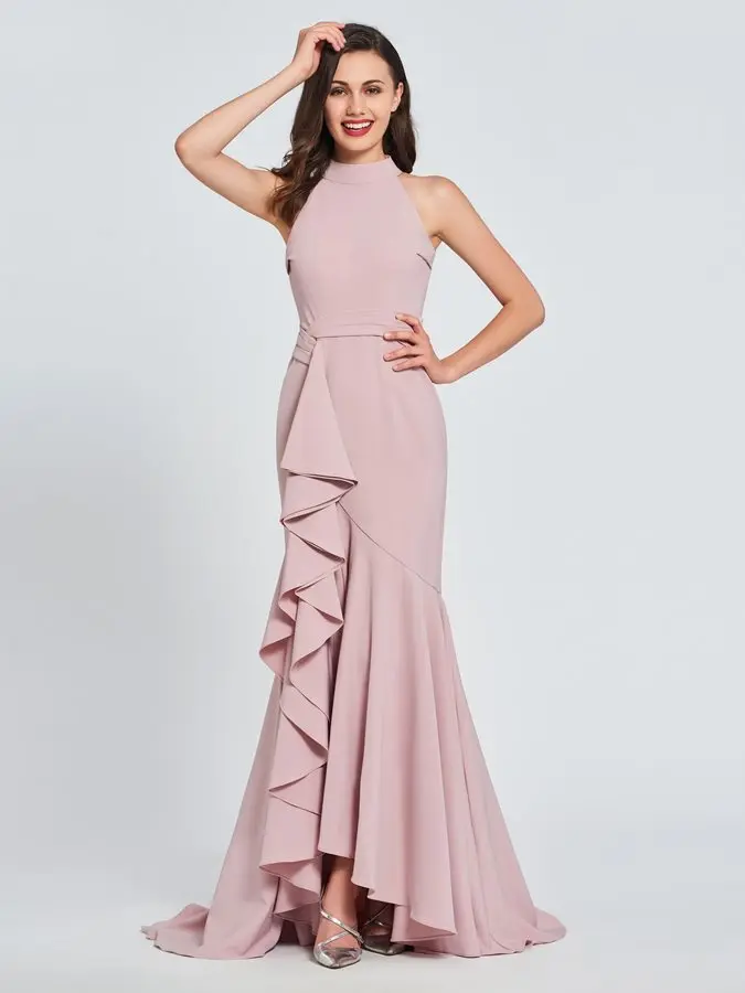 

Женское шифоновое платье-русалка, длинное вечернее платье с высоким воротом и оборками, модель 2019 года