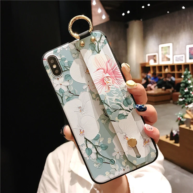 9 SoCouple Wrist Strap Phone Case For iphone 7 8 6 6s plus Case For iphone X Xs max XR Relief Flower Floral Pattern Soft TPU Case