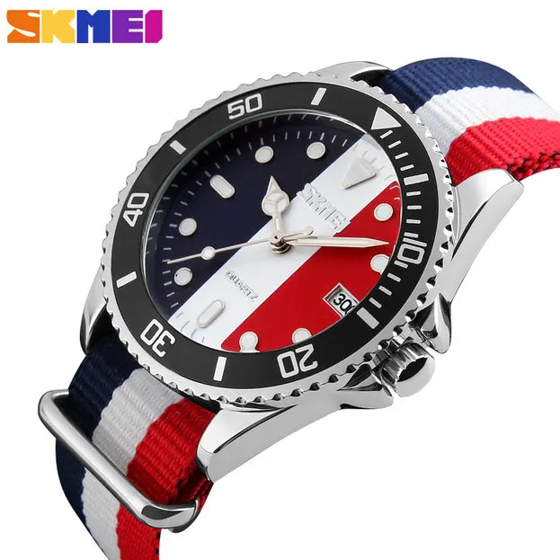 

SKMEI New Fashion Lovers Wrist Watches Quartz Movement Nylon Strap Calendar Date Display Colorful Men Women Watches 2018
