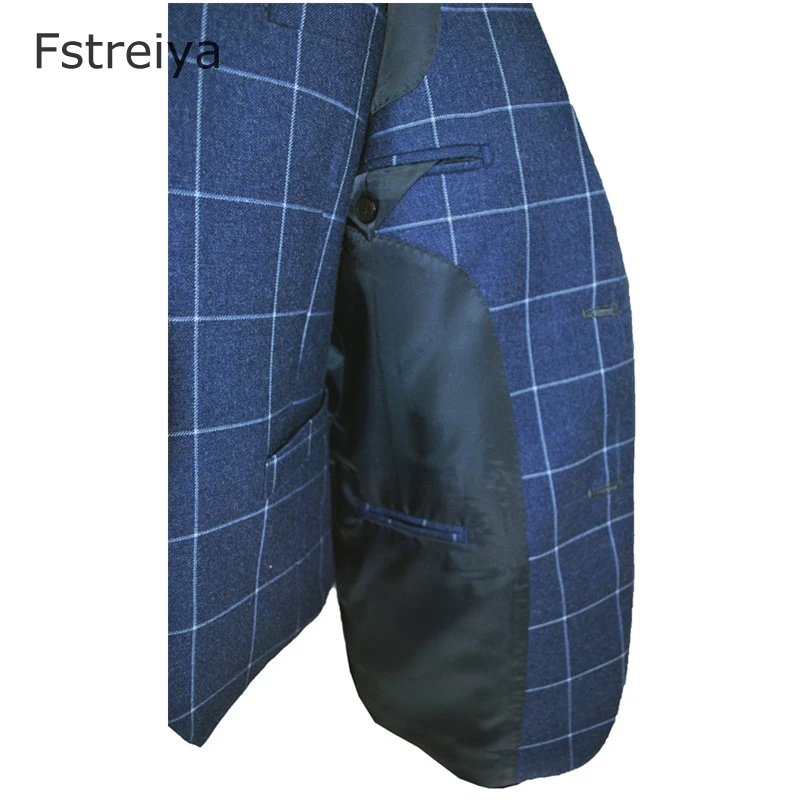 Custom Made Men Slim Fit suit customize mens clothing tailored Smart Casual mens blue plaid Suits with pants for wedding 3 piece