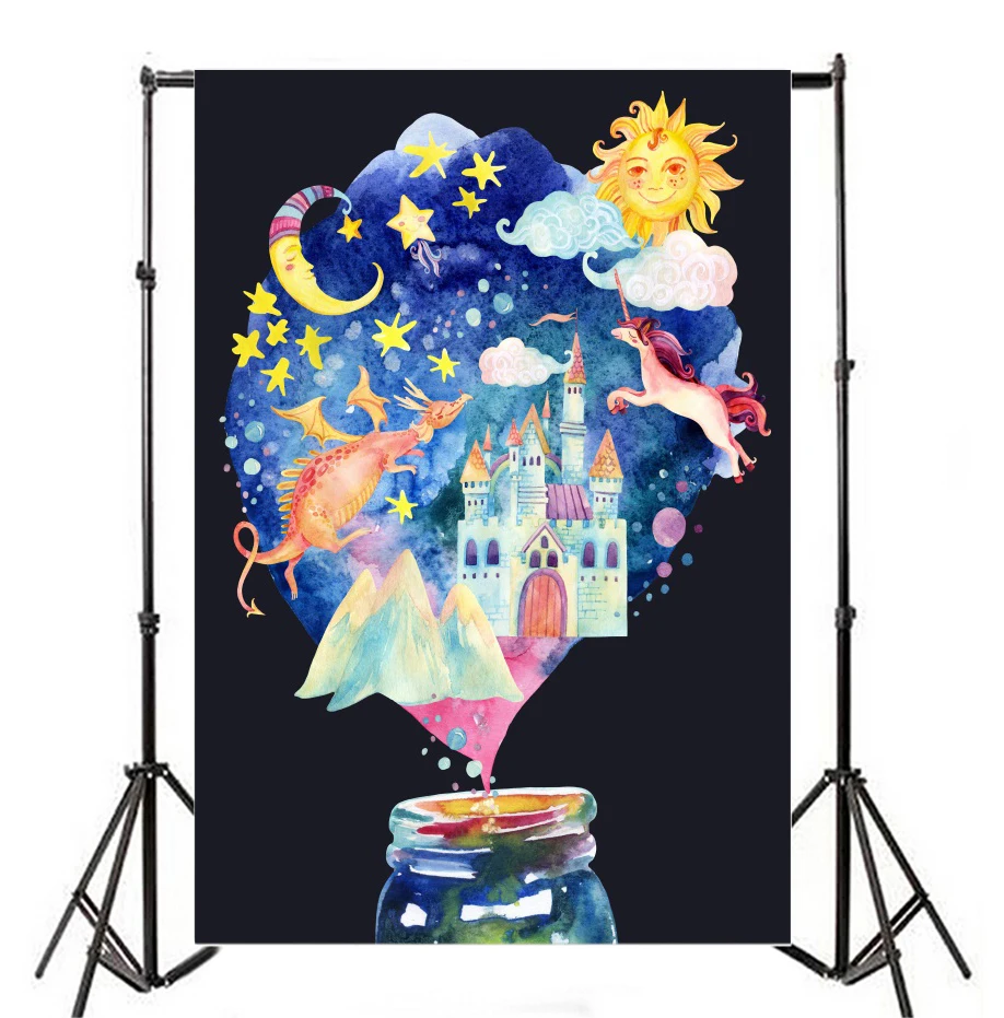 Laeacco Unicorn Dragon Moon Starry Night Castle In Bottle Photography Backgrounds Vinyl Custom Backdrops Props For Photo Studio