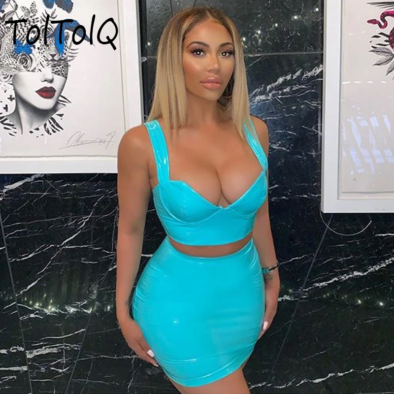 PU Leather Two Pieces Set Solid INS Nightclub Party Women Sexy Crop Top And Skirt Summer Sleeveless 2 Piece Outfit | Женская одежда