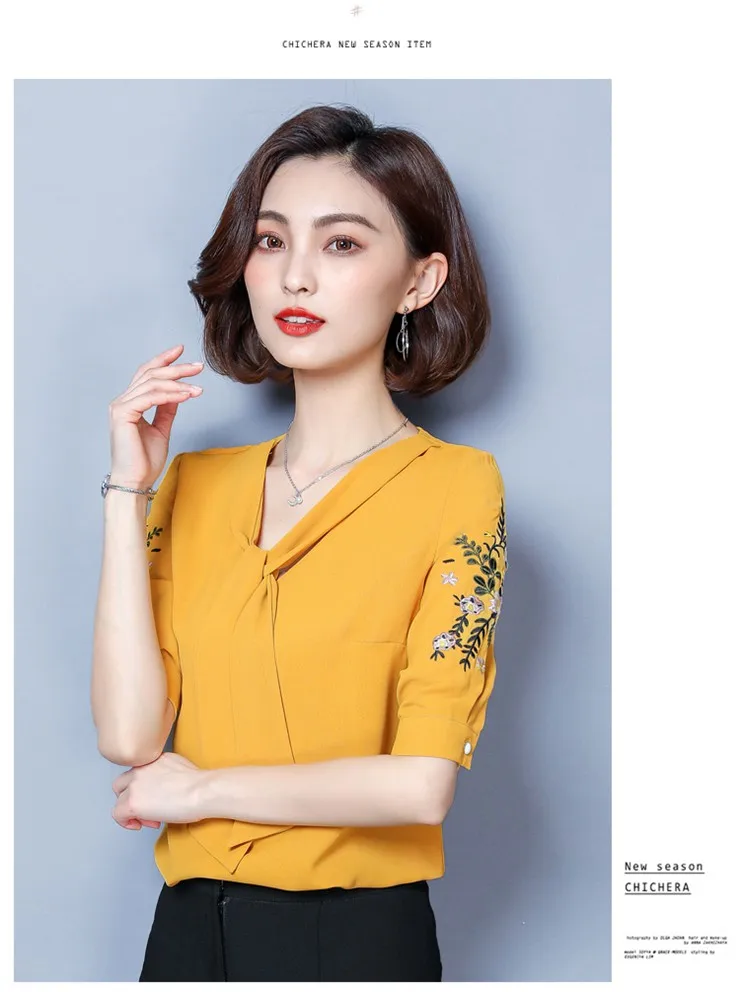 2018 New Arrival Lady Blouse Summer Fashion Shirts Floral Embroidered Tops Plus Size Short Sleeve Office Chiffon Blusas Feminina (15)