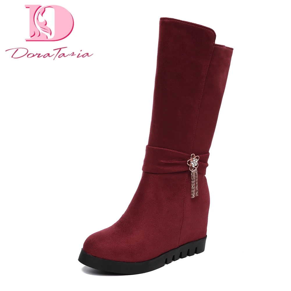

Doratasia New Plus Size 34-43 Hot Sale Height Increasing snow Shoes Woman Boots Zip Up Black Mid Calf Boots Woman Shoes