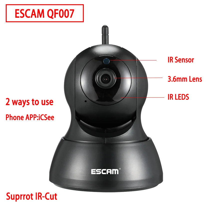 Escam QF007 Mini Home Camera 720P WiFi IR Alarm Pan Tilt IP Camera Black White