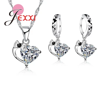 

Shiny Girls Party Wedding Jewelry Set 925 Sterling Silver Cubic Zircon Heart Bow Earring/Necklace Set For Women Pendant