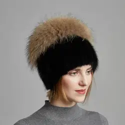 Новый стиль Лидер продаж зимние теплые Реальные норковая шапка для женщин натуральный норки шапки вертикального плетения с пушистым енот