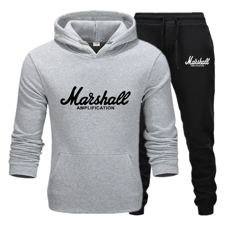 Горячий Marshall мужской костюм с капюшоном усиленная Мужская мода толстовки+ брюки Зима Осень Хип-хоп Брендовые мужские комплекты с капюшоном M-3XL - Цвет: gray black219-220