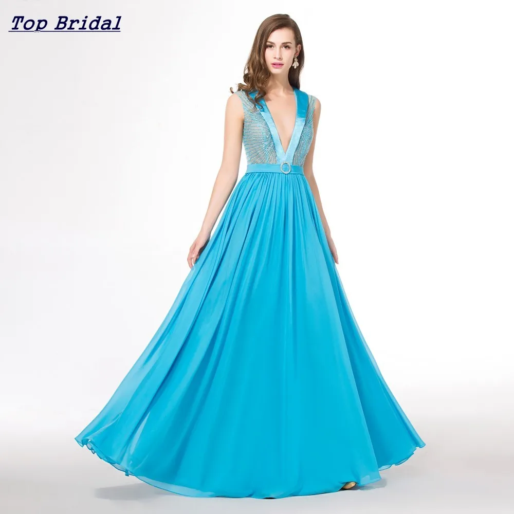 Buy Light Blue Long Cheap Elegant Prom Dresses 2015 Chiffon V Neck Lebanon