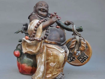 

china wucai old porcelain bat peach money coins wealth maitreya buddha statue A